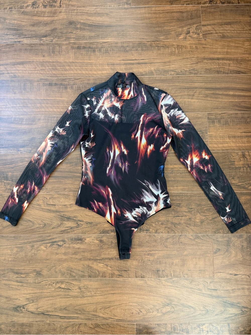 AllSaints Black Long Sleeve Mock Neck Bodysuit with Flame Print